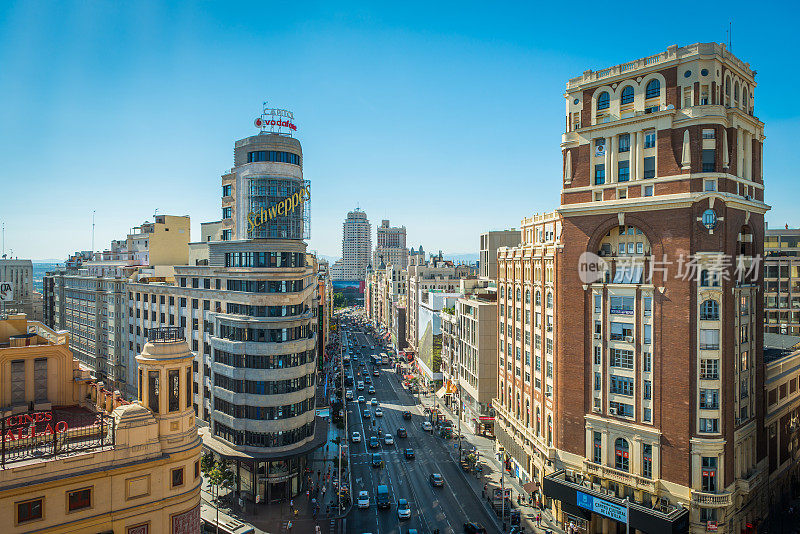 马德里沿着繁忙的Calle Gran Via购物街